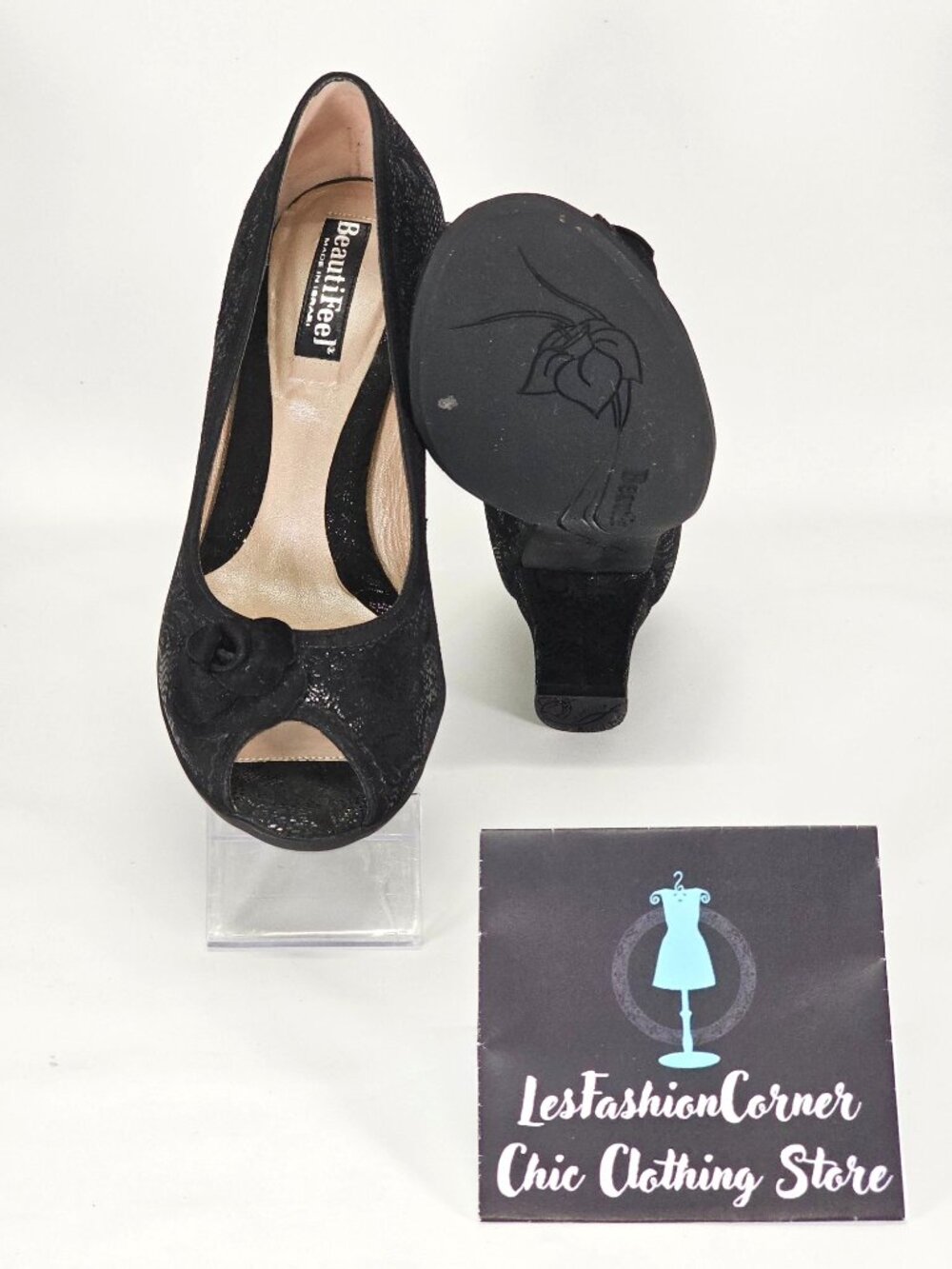 BeautiFeel Women's Black Spark Suede Glasgow Open-Toe Pump Size 7.5 2115 - Picture 3 of 16